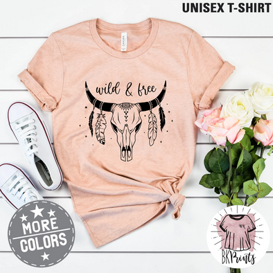 Wild And Free Shirt, Cow Skull T-Shirt, Western Bull Skull Shirt, Bohemian Floral Cow Skull shirt